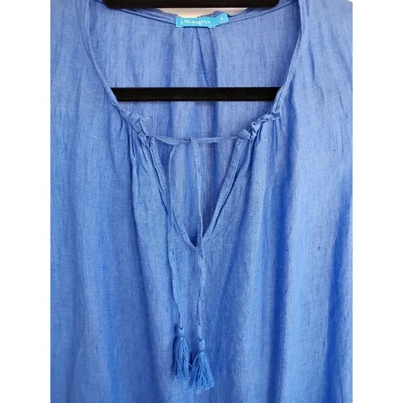 J. McLaughlin Blue Linen Sleeveless Tiered Tassel Tie Neck Dress Small Coastal - Picture 4 of 9